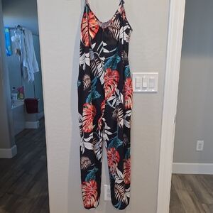 Tropical Print Jumpsuit - Black and Red